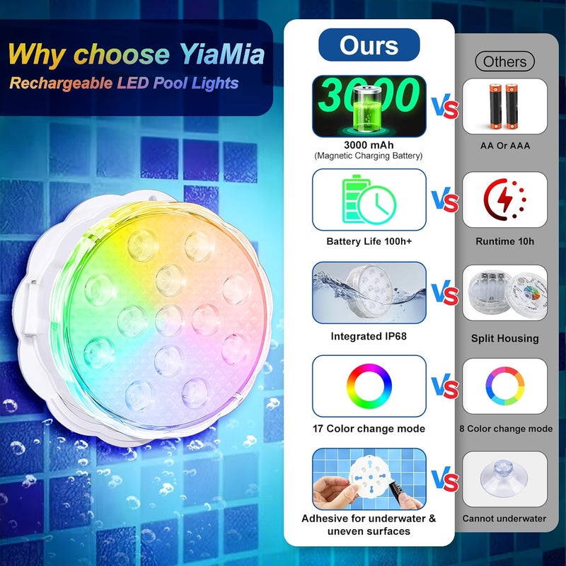 YiaMia أضواء حمام السباحة القابلة لإعادة الشحن مع جهاز التحكم عن بُعد، عبوة 2، أضواء LED تحت الماء IP68 مقاومة للماء لحمامات السباحة فوق الأرض وتحت الأرض، الحمام، الدش، تزيين الحفلات، المنتجعات الصحية، الأحواض المائية، - Image 2